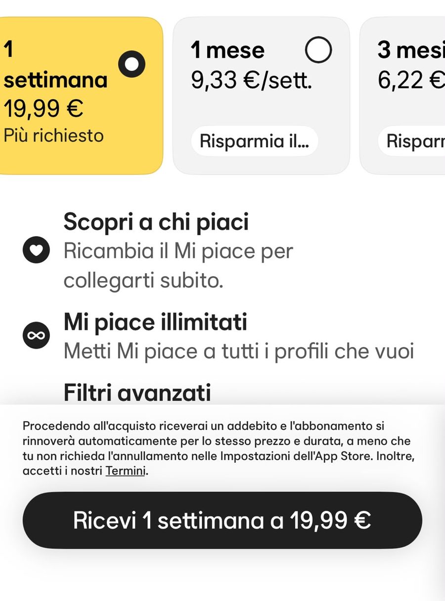 Bumble Premium, prezzi mostrati a settimana nell'app