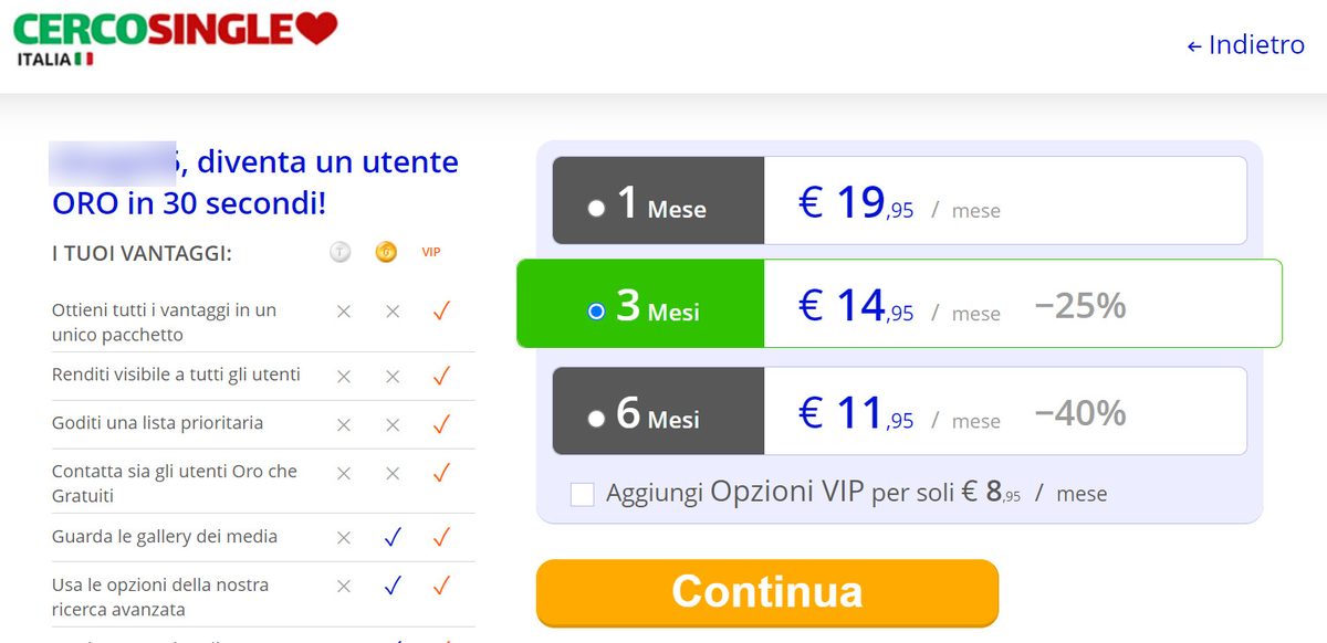 CercoSingle, prezzi dell'abbonamento Oro e opzioni VIP