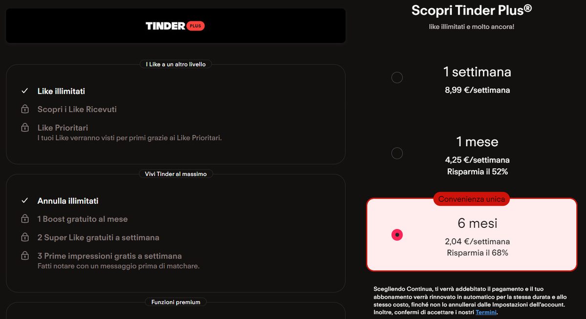 Tinder Plus, prezzi per una settimana, un mese e sei mesi